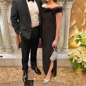 Off-the-Shoulder Matte Jersey Gown with Maribou Neckline